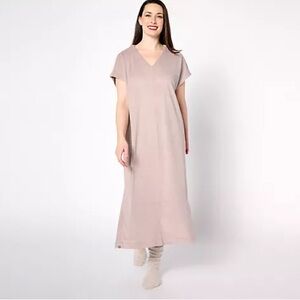 Barefoot Dreams Women's Dress Luxechic Caftan Taupe Size L Lounge Classic Midi